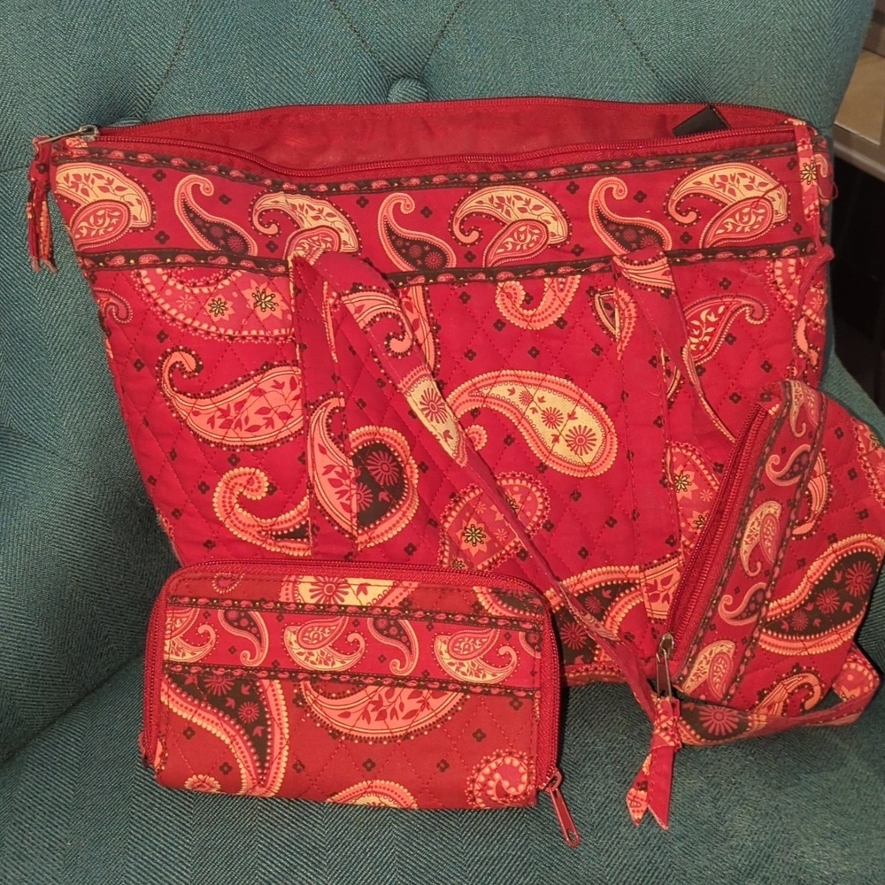 Paisley print tote with wallet and attachable pouch